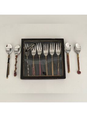 CREATIVE COPPER Box Set 6 Dessert Forks Plus 4 Tea Spoons Unique Artsy Party